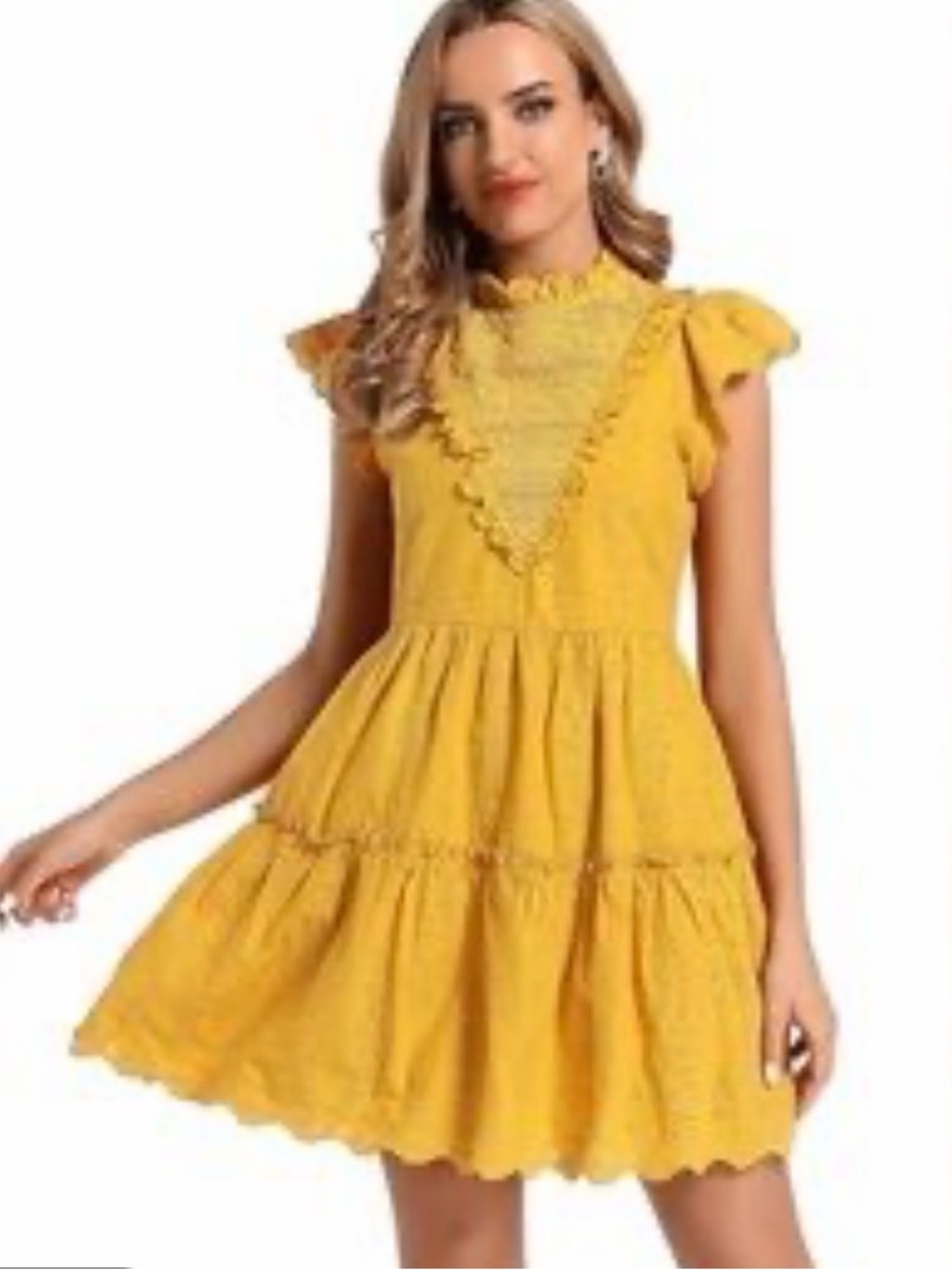 House of Harlow 1960 Yellow Eyelet Ruffle Tiered Dress Size XS Boho Cottagecore